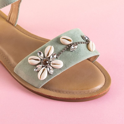 Green women's flat sandals with ornaments Lucy - Footwear