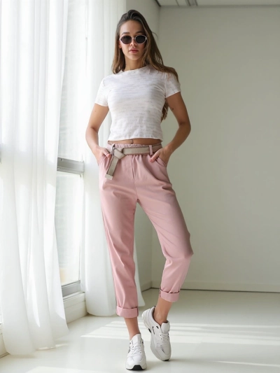 Royalfashion Viscose straight women's trousers with a belt