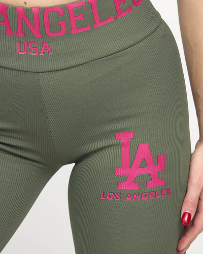Women's green ribbed leggings with pink lettering - Clothing