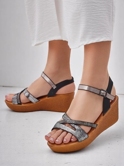 Royalfashion Women's wedge sandals with rhinestones and glitter Eclat