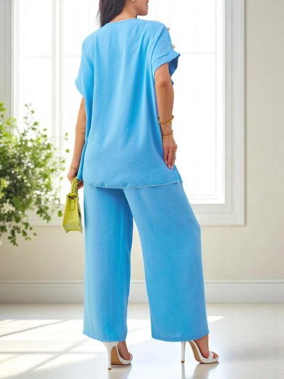 Royalfashion Women's cotton set with short sleeves and wide pants