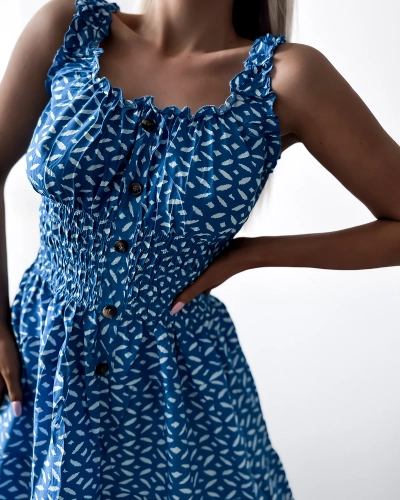 Women's knee-length dress with print in blue- Clothing