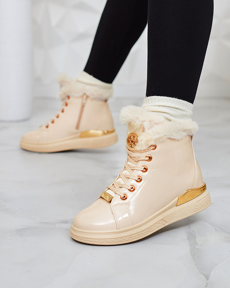 Royalfashion Bēšas krāsas lakoti sieviešu siltinātie zābaki Sylnina