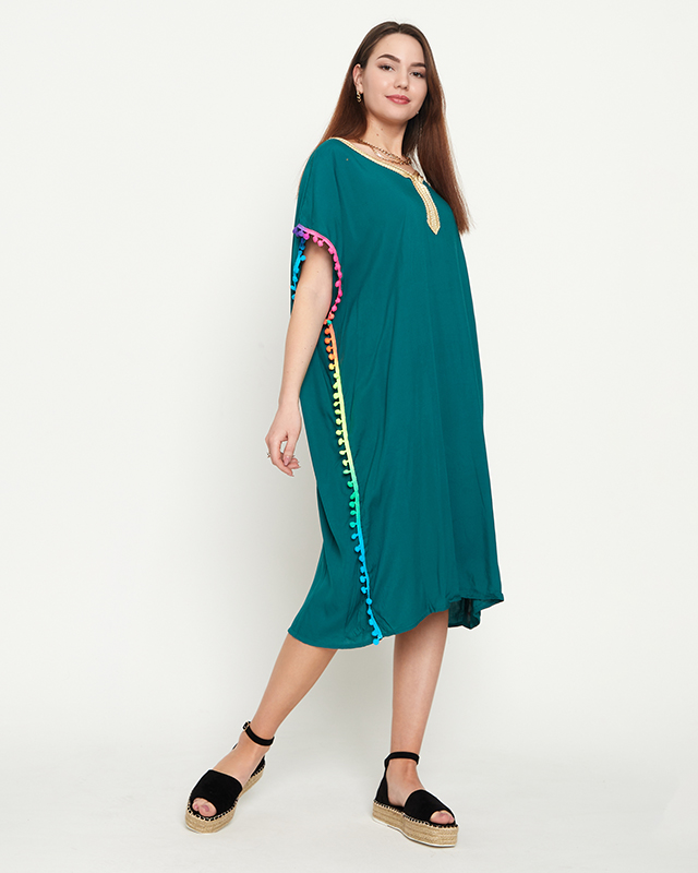 Dark green women's summer beach tunic with pompoms - Clothing