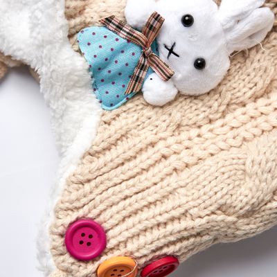 Beige Children's Tie-Up Beanie with Decoration - Accessories