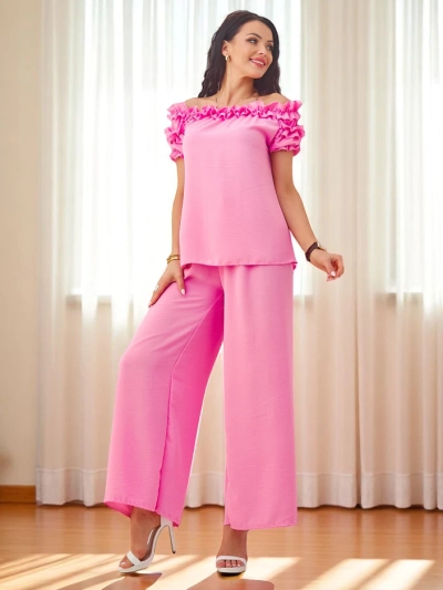 Royalfashion Women's set with an off-the-shoulder blouse with short sleeves and decorative neckline, and flared pants
