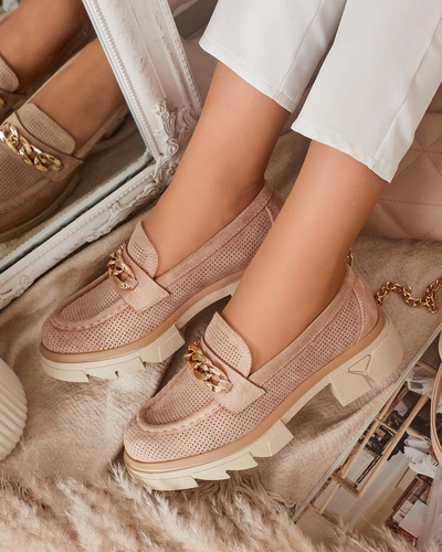 Мокасины из эко-замши с золотым декором светло-коричневого цвета Zaffix- Footwear