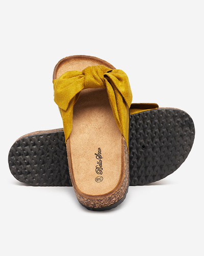Royalfashion Mustard women's eco-suede flip-flops with bow Maqelia