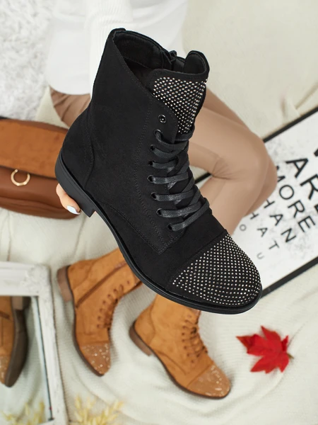 Eco-suede laced women's ankle boots with zircons Marvelli