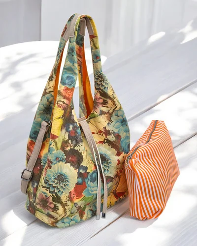 Royalfashion Large fabric bag with flowers, with a cosmetic bag and magnetic closure