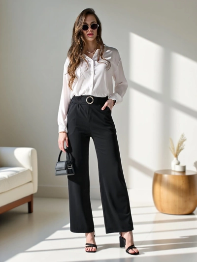 Royalfashion Wide women's trousers with a decorative buckle