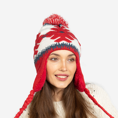 Red women's insulated hat with snowflakes and pom-poms - Accessories