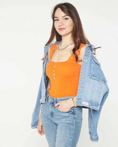 Orange women's top with cubic zirconia a'la buttons- Clothing