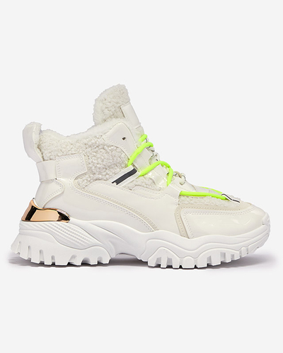 White women's sports shoes with fur and neon green laces Sagglo- Footwear