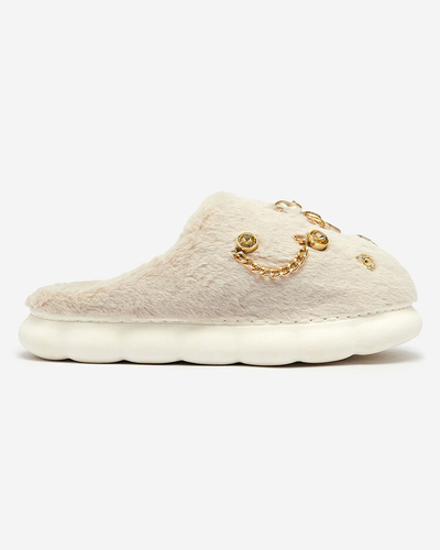 Royalfashion Beige women's fur slippers with ornaments Erserra