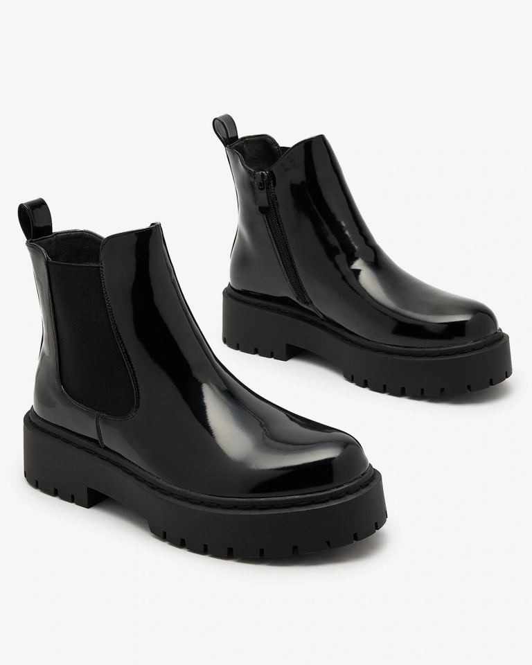 Royalfashion Black lacquered women's non-heeled Glossy Chic boots