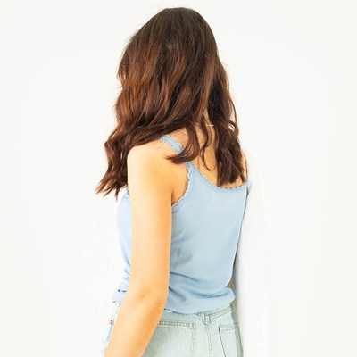 Blue women's t-shirt with lace on the straps - Clothing