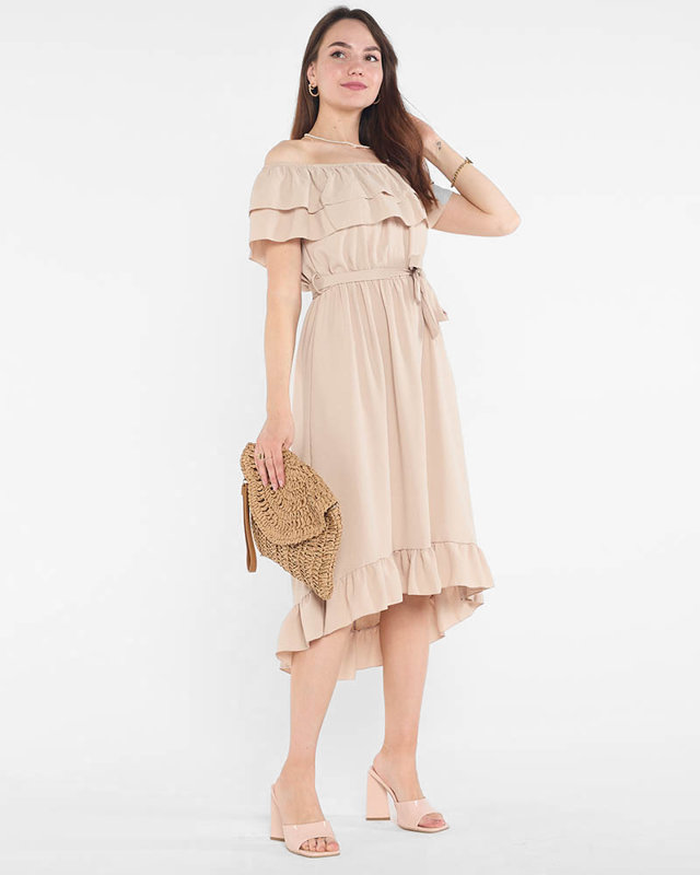 Beige ladies dress with frills - Clothing