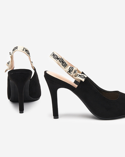 OUTLET Eco - zamšādas melnas sieviešu pumpas uz stiletto papēža ar lentīti Ristra - Kurpes