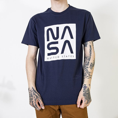 Navy blue cotton men's t-shirt with inscription - Clothing