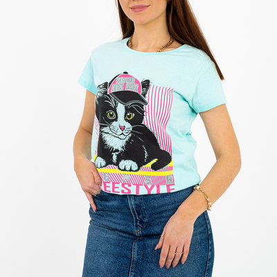 Mint women's t-shirt with glitter and kitten print - Clothing