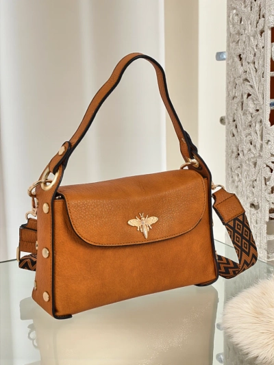 Minerva women's handbag, yellow, made of eco-leather, golden bee decoration, boho strap