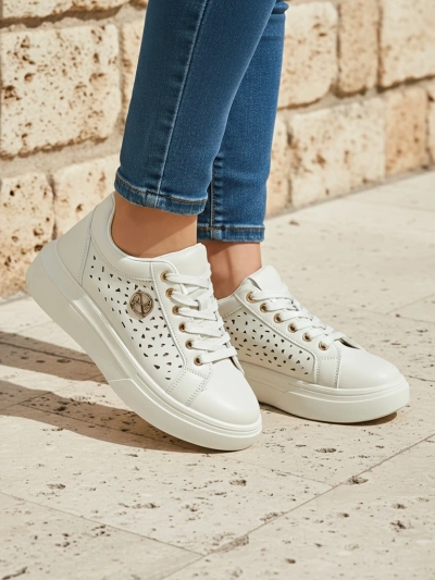 Women's Callista beige sneakers, ecological leather, spring, flat heel