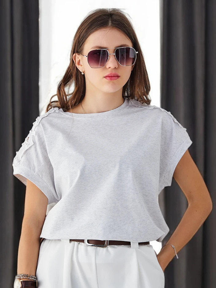 Royalfashion Cotton women's t-shirt with lace sleeves