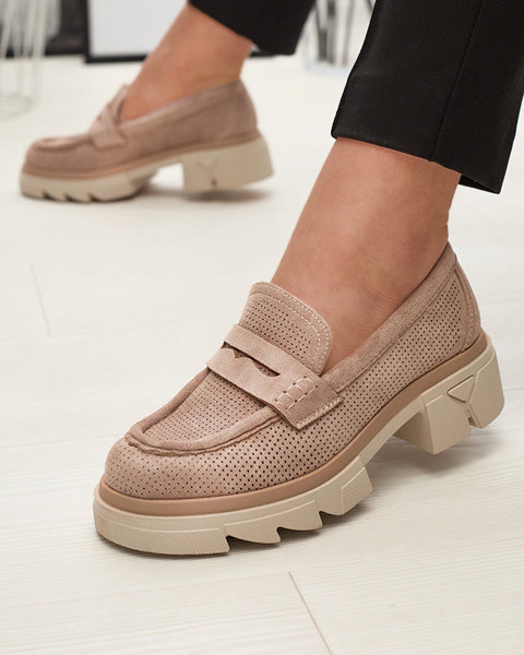 Gaiši brūni sieviešu ažūrasti mokasīni ar cietu zoli Ejina - Apavi