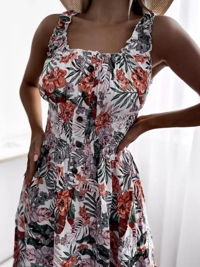 White women's knee-length dress with floral motif- Clothing
