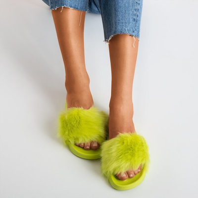 Neon green slippers with fur Millie - Footwear
