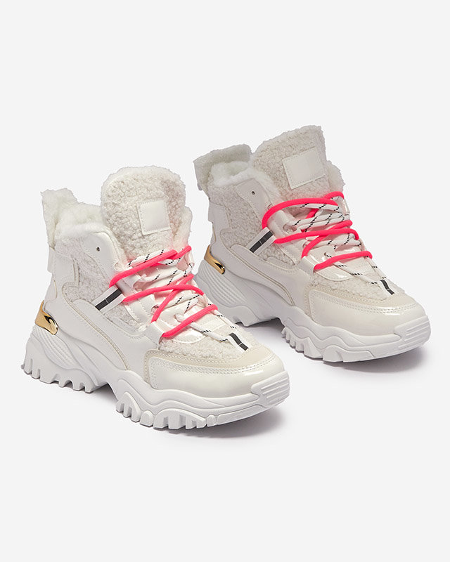 Baltas sieviešu sporta kurpes ar kažokādu un neona rozā šņorēm Sagglo- Footwear