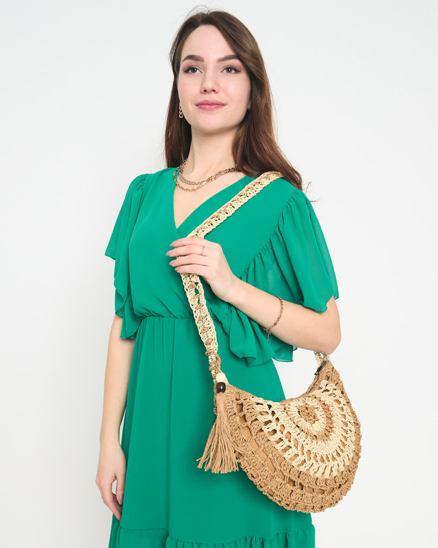 Ladies' brown straw bag with decorative tassels - Accessories