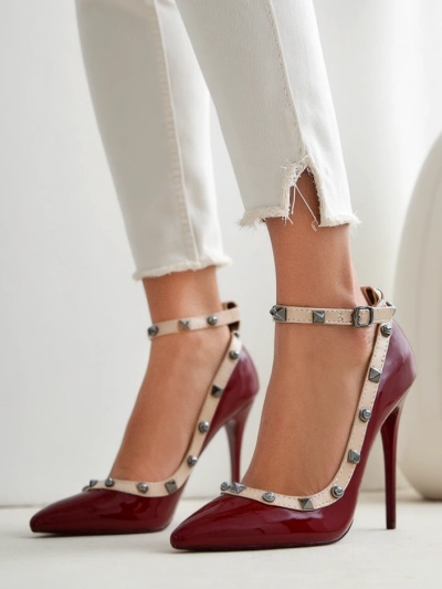 Royalfashion Patent leather women's stiletto heels with studs Qoscalle