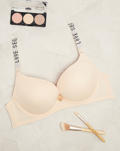 Beige plain padded bra with decorated straps - Underwear