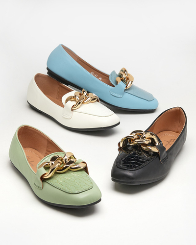 OUTLET Green eco-leather women's loafers with a chain Flamii - Shoes