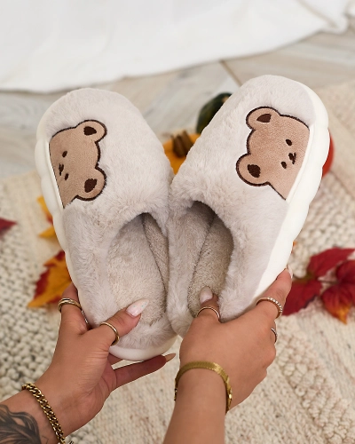 Royalfashion Women's fur slippers with teddy bear in light gray Fetemes