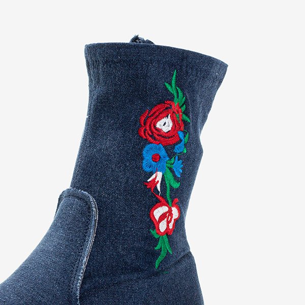 Navy blue flat heel boots with Muraja embroidery - Footwear