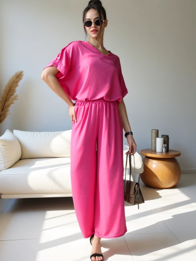 Royalfashion Women's casual set with a short-sleeve blouse and wide trousers