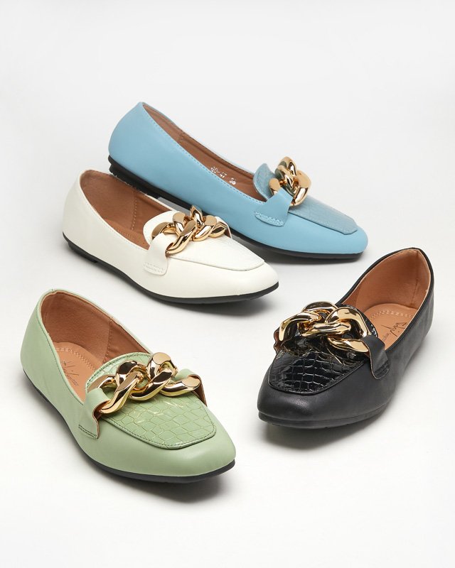 Blue women's eco-leather loafers with a chain Flamii - Footwear