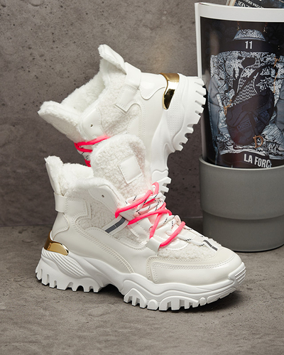 Baltas sieviešu sporta kurpes ar kažokādu un neona rozā šņorēm Sagglo- Footwear