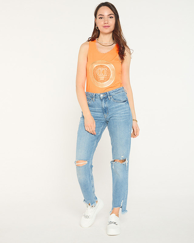 Neon orange blouse with straps with print and cubic zirconia - Clothing