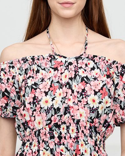 Long summer black dress for women with light pink flowers - Clothing