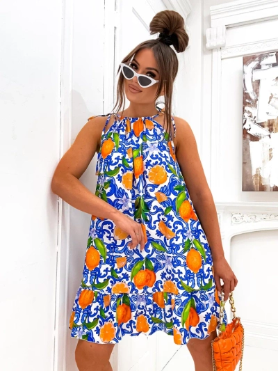 Royalfashion Women's mini strappy dress with a waist tie featuring trendy orange prints