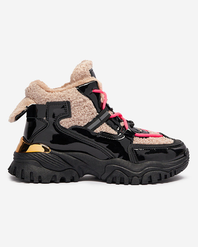 Черные женские спортивные кроссовки с мехом и неоново-розовыми шнурками Adbo- Footwear