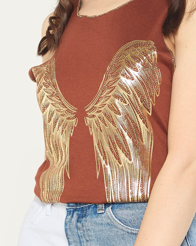 Brown ladies top with golden wings print - Clothing