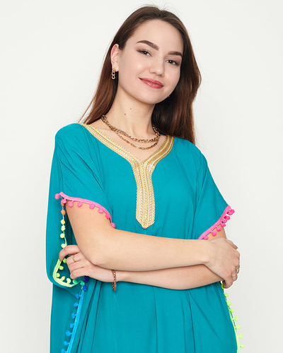Women's green summer beach tunic with pompoms - Clothing