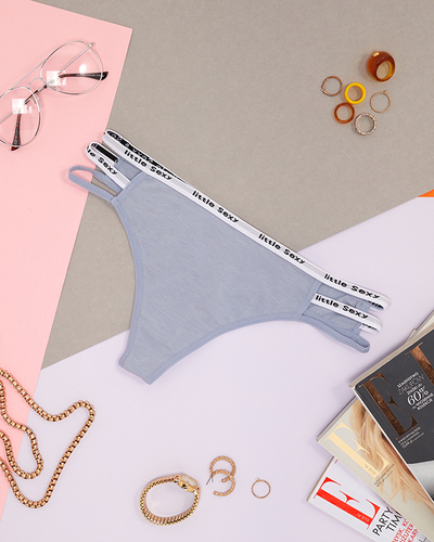 Women's blue cotton thong panties with stripes - Underwear