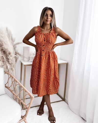 Women's knee-length dress with print in orange- Clothing