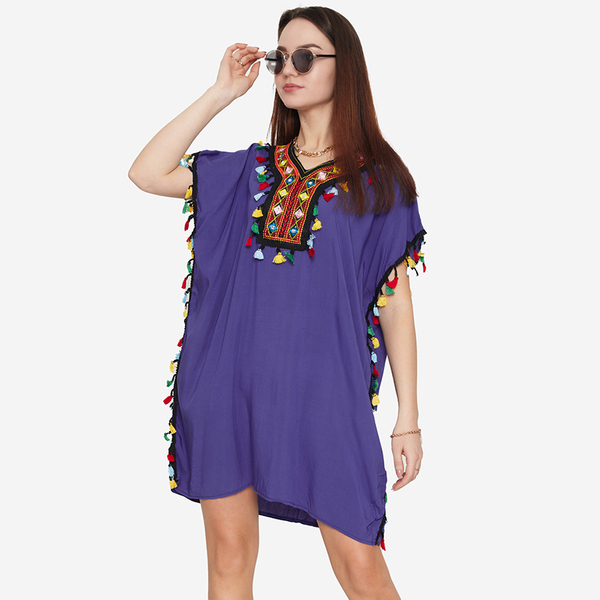 Women's blue summer beach tunic with fringes - Clothing